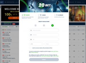 Заполнение формы регистрации 20бет